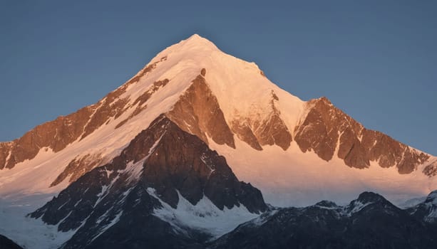 The image captures a snow-capped mountain peak bathed in the warm glow of sunrise, showcasing the majestic beauty of nature. The mountains rugged terrain and vast expanse create a sense of awe and wonder.