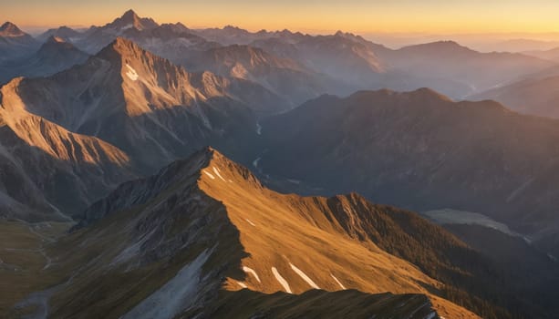 A stunning aerial photograph captures a majestic mountain range bathed in the warm, golden glow of sunset. The peaks and valleys are illuminated by the fading light, casting long shadows across the rugged landscape. The distant mountains are shrouded in a soft haze, adding to the ethereal beauty of the scene.