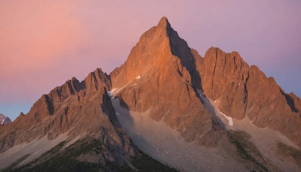 A breathtaking panorama of towering mountain peaks bathed in the soft, golden light of the setting sun. The dramatic peaks rise up against a backdrop of vibrant pink and purple clouds, creating a stunning scene of natural beauty.