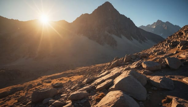 A stunning sunrise bathes the rocky mountain slopes in a warm, golden glow. The suns rays pierce through the clouds, casting long shadows across the rugged terrain. The peaks of the mountains rise high in the distance, creating a breathtaking and majestic landscape.