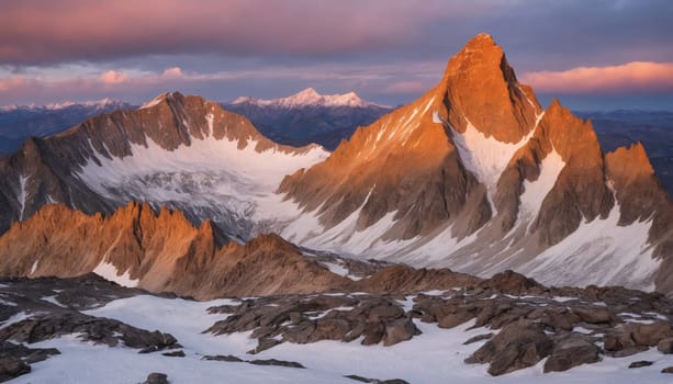 A stunning sunrise paints the sky in shades of pink and orange, casting a warm glow on a snow-covered mountain landscape. The towering peaks of the Wind River Range, including a prominent spire, stand out against the vibrant sky, creating a breathtaking scene of natural beauty.