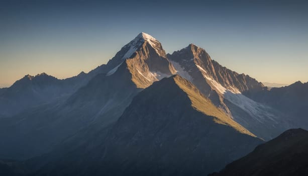 A panoramic view of a majestic mountain range, bathed in the warm glow of the early morning sun. The snow-capped peaks rise high above the surrounding landscape, with a hint of the sunrise casting a golden hue on the slopes. The scene exudes tranquility and grandeur, showcasing the beauty of natures artistry.