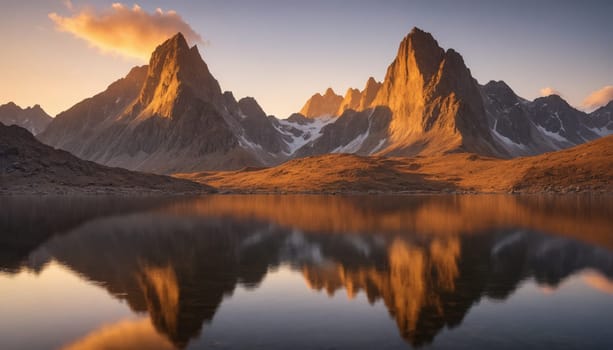 A serene mountain lake reflects the golden hues of the setting sun, casting a mirror image of the rugged peaks that surround it. The calm water creates a breathtaking visual contrast with the dramatic landscape, highlighting the beauty of natures artistry.