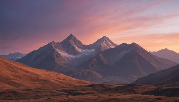 A panoramic view of a majestic mountain range, illuminated by the warm glow of the setting sun. The peaks are silhouetted against a vibrant, purple-hued sky, while the valley below is bathed in a soft, golden light.