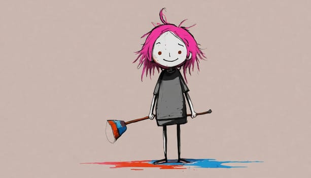 An illustration of a young girl with pink hair, wearing a grey shirt and black skirt. She is standing on a palette of red and blue paint, holding a long stick with a blue, red, and white paintbrush attached to the end. She is smiling and looking at the viewer.