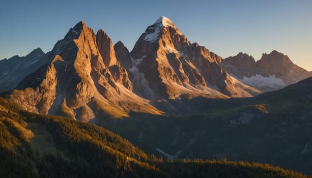 A panoramic view of a mountain range, with towering peaks and a snow-capped summit, illuminated by the warm glow of the setting sun. The rugged terrain and lush forest below create a dramatic landscape.