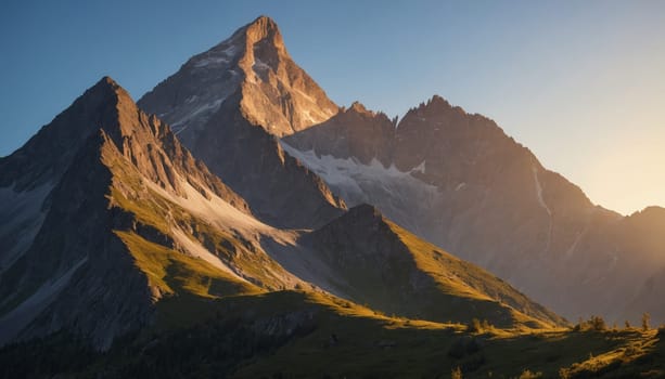 A panoramic view of a mountain range, with towering peaks and a snow-capped summit, illuminated by the warm glow of the setting sun. The rugged terrain and lush forest below create a dramatic landscape.