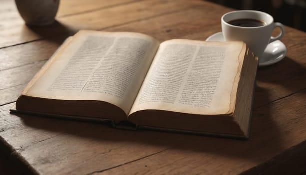 A weathered, antique book lies open on a rustic wooden tabletop. The pages are filled with fine print, hinting at a story waiting to be unraveled. A steaming cup of coffee sits on a nearby saucer, suggesting a moment of quiet contemplation and reading.