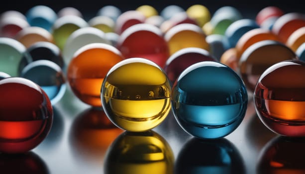 A close-up photograph of nine glass marbles of various colors arranged in a row on a gray surface. The marbles are perfectly round and reflect light beautifully, creating a mesmerizing display of color and texture.