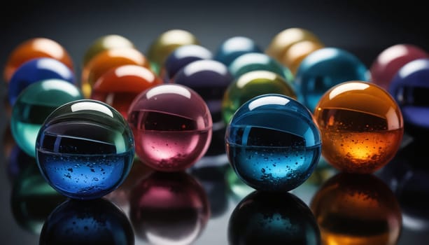 A close-up photograph of numerous glass marbles, each with its own unique color, scattered across a dark surface. The marbles reflect light, creating a sense of depth and mystery.