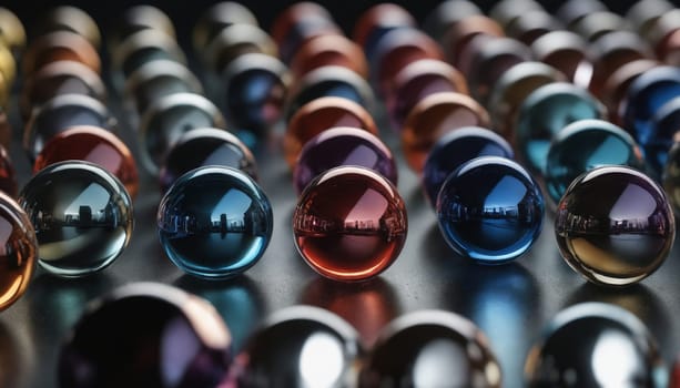 A close-up image showcases a captivating arrangement of colorful glass marbles, each reflecting light and showcasing its unique hue. The marbles are scattered in a seemingly random pattern, creating a visually appealing and almost mesmerizing composition. Their smooth surfaces and deep, vibrant colors draw the eye, emphasizing the beauty of simple forms.