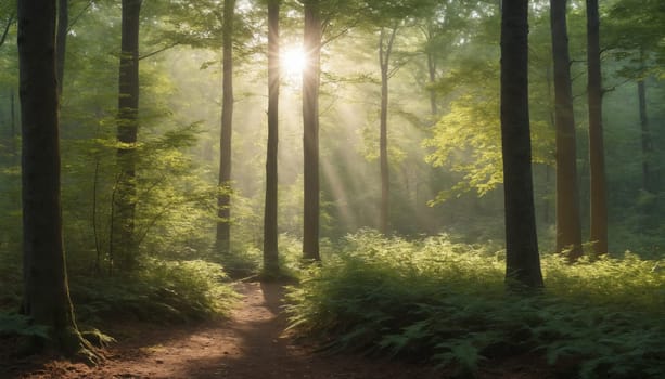 A sunlit path winds through a dense forest, with sunlight streaming through the trees and illuminating the mist. The forest floor is covered in lush green foliage.