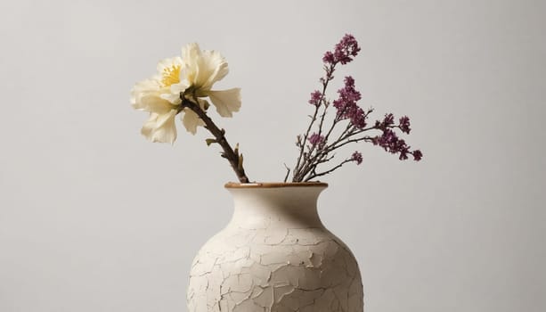 A single flower arrangement consisting of orange blossoms with brown stems in a white, cracked vase. The vase sits on a plain, white surface against a simple white wall backdrop. The minimal setup emphasizes the elegance of the delicate, wilting flowers.