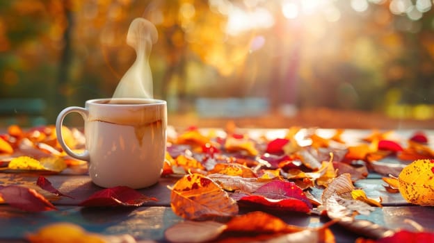 A white coffee cup with steam rising from it sits on a table covered in autumn leaves. Concept of warmth and comfort, as the hot beverage contrasts with the cool, crisp air of fall