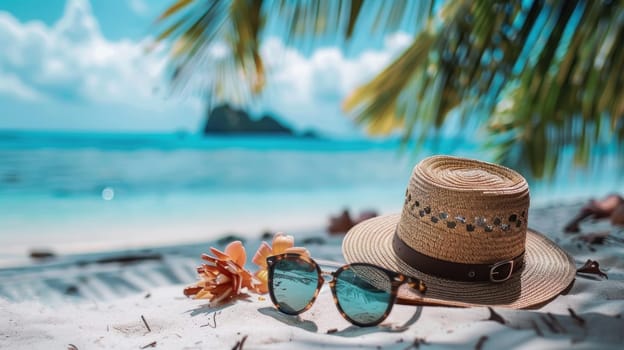 A beach scene with a straw hat, sunglasses, and a flower.