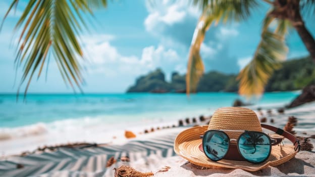 A beach scene with a straw hat, sunglasses, and a flower.