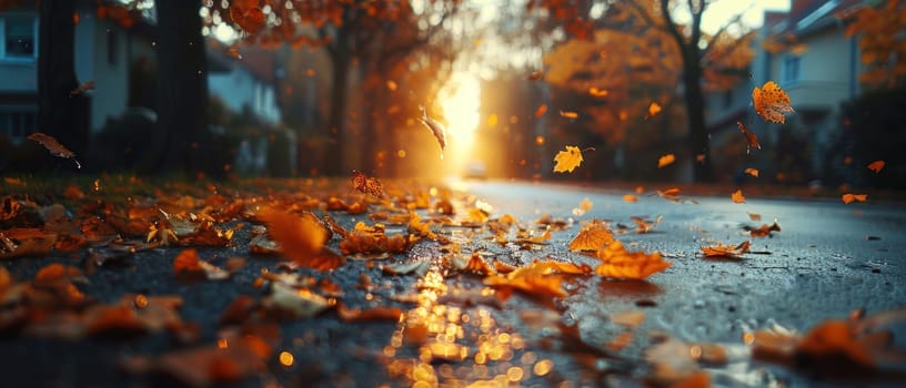 A street with leaves on the ground and a car in the background. The leaves are falling and the sun is shining