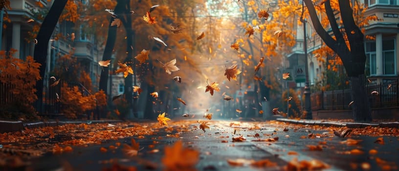 A street with leaves on the ground and a car in the background.