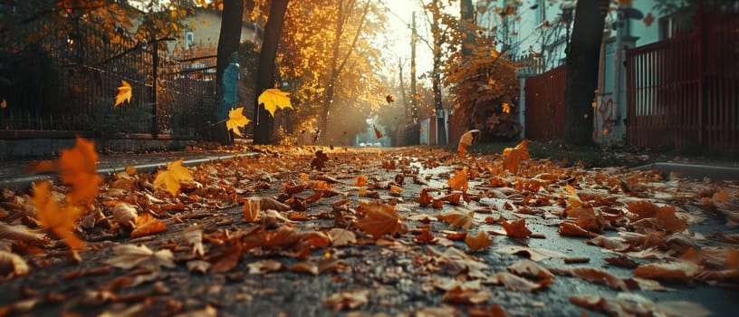 A street with leaves on the ground and a car in the background.