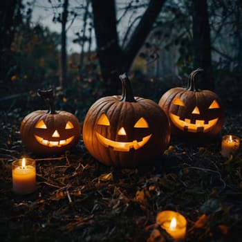 Lots of Halloween glowing pumpkins in a dark forest. Forest in the rays of moonlight and candles