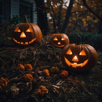 Lots of Halloween glowing pumpkins in a dark courtyard with an old house behind them. The site of the house is gloomy and autumnal.