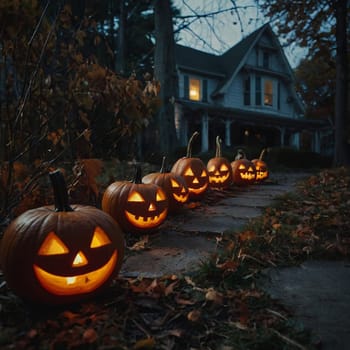 Lots of Halloween glowing pumpkins in a dark courtyard with an old house behind them. The site of the house is gloomy and autumnal.