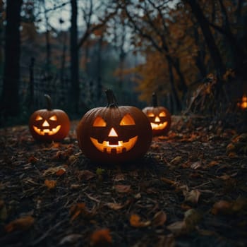 Lots of Halloween glowing pumpkins in a dark forest. Forest in the rays of moonlight and candles