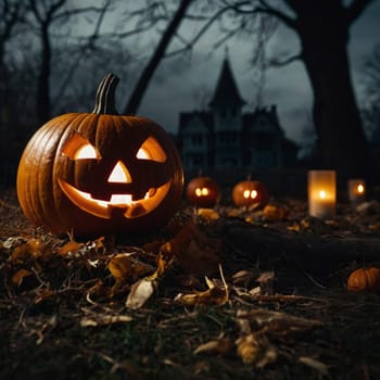 Lots of Halloween glowing pumpkins in a dark courtyard with an old house behind them. The site of the house is gloomy and autumnal.