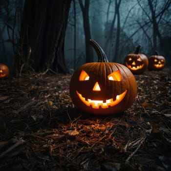 Lots of Halloween glowing pumpkins in a dark forest. Forest in the rays of moonlight and candles