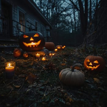 Lots of Halloween glowing pumpkins in a dark courtyard with an old house behind them. The site of the house is gloomy and autumnal.