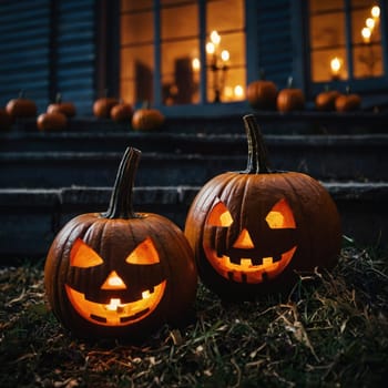 Lots of Halloween glowing pumpkins in a dark courtyard with an old house behind them. The site of the house is gloomy and autumnal.