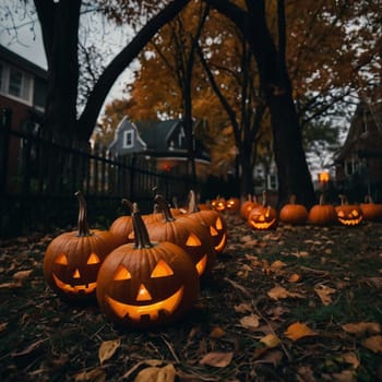 Lots of Halloween glowing pumpkins in a dark courtyard with an old house behind them. The site of the house is gloomy and autumnal.