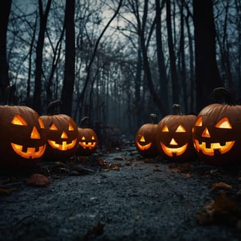 Lots of Halloween glowing pumpkins in a dark forest. Forest in the rays of moonlight and candles