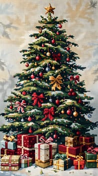An evergreen larch tree adorned with holiday ornaments and surrounded by presents, a festive Christmas decoration celebrating the holiday season