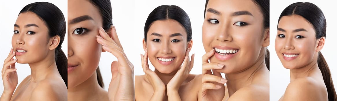 Collage of a beautiful Korean woman in various poses against a white background, showcasing natural beauty and skincare.