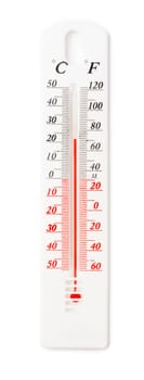 A white thermometer and hygrometer are mounted on a white background.