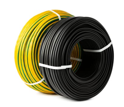Two spools of electrical wire, one yellow and green, and one black, are isolated on a white background.