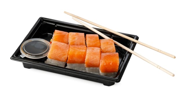 Take out packed sushi roll isolated on white background