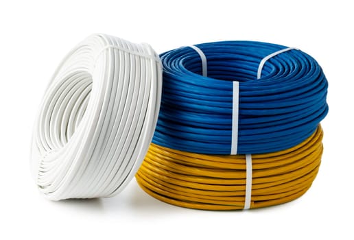 An image of three spools of electrical wire, coiled and arranged on a white surface.