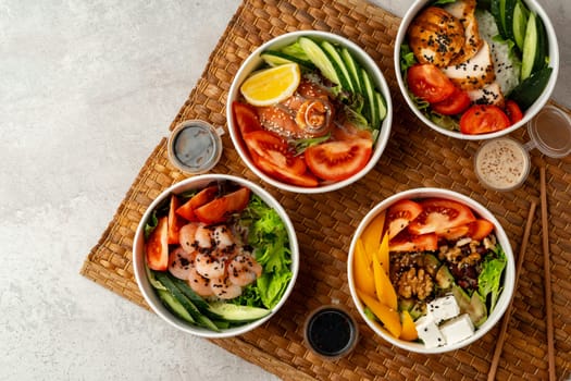 Fresh poke bowl on straw mat close up studio shot