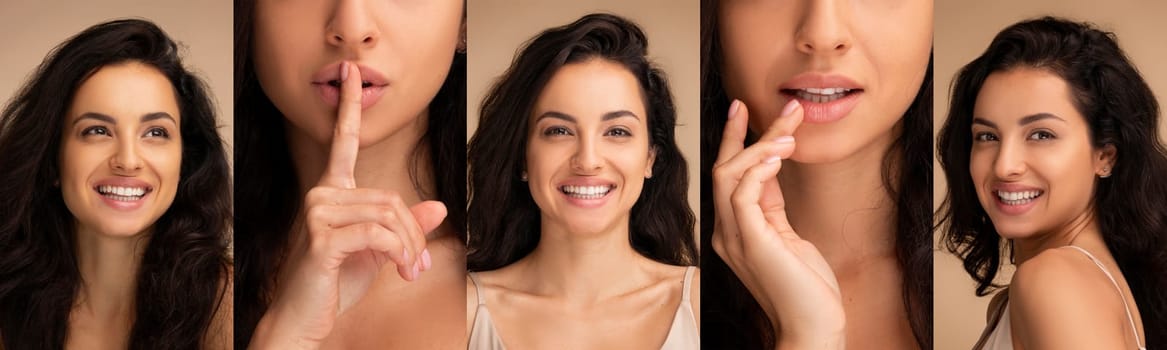 Collage of a beautiful Indian woman in various poses against a beige background, showcasing natural beauty and skincare.