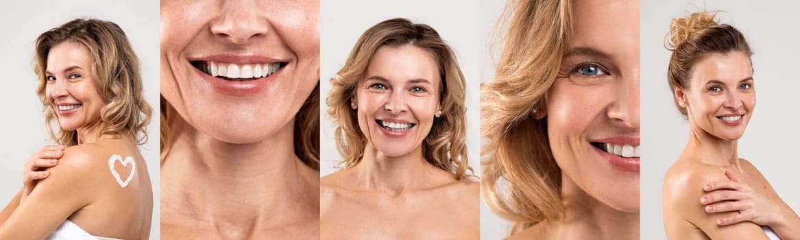 Collage of a cheerful mature blonde woman in various poses against a grey background, showcasing natural beauty and skincare.