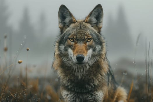 Rewilding. A wild wolf looks straight into the camera against a blurred background of foggy nature.