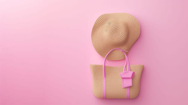 Top view of beach accessories against a pink background. Vacation and relaxation,, summer travel holiday concept. space for text.