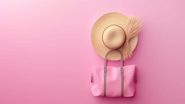 Top view of beach accessories against a pink background. Vacation and relaxation,, summer travel holiday concept. space for text.