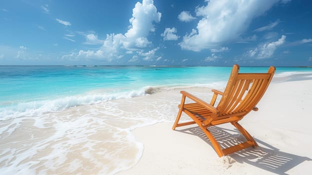 Beach holiday concept. Sandy tropical beach against blue sky with clouds on bright sunny day. Background a deck chair for sunbathing on sandy tropical beach, space for text.