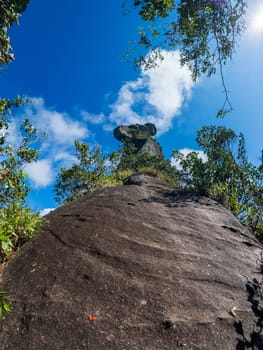 Papagayo rock structure surrounded by lush greenery under a sunny sky.