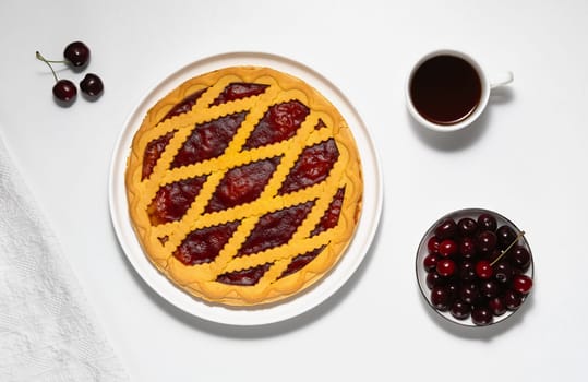 Cherry pie. Delicious summer homemade American cake with cherries. Sweet dessert.