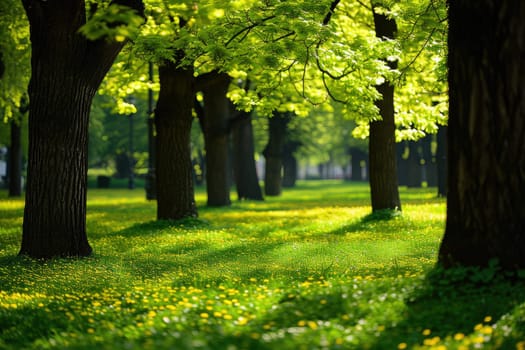 Landscape with young lush green grass with blooming dandelions on the background ..