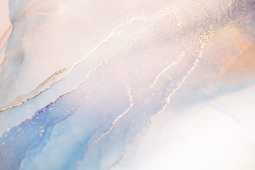 An abstract painting featuring swirls of blue, pink, and white ink with delicate gold accents.